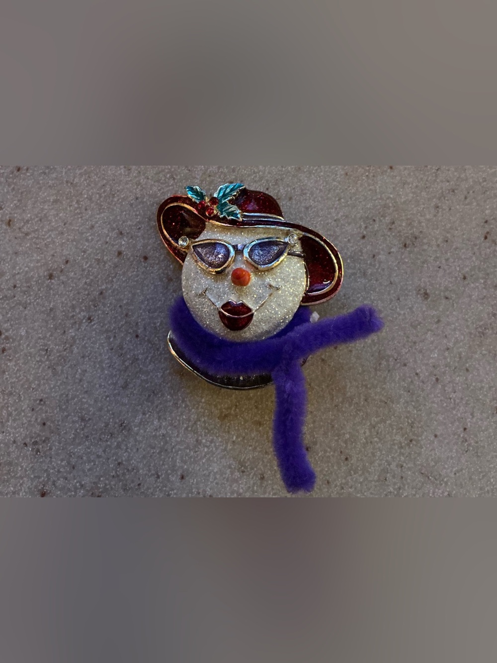 Vintage-Inspired Snowman Brooch with Purple Scarf and Red Hat